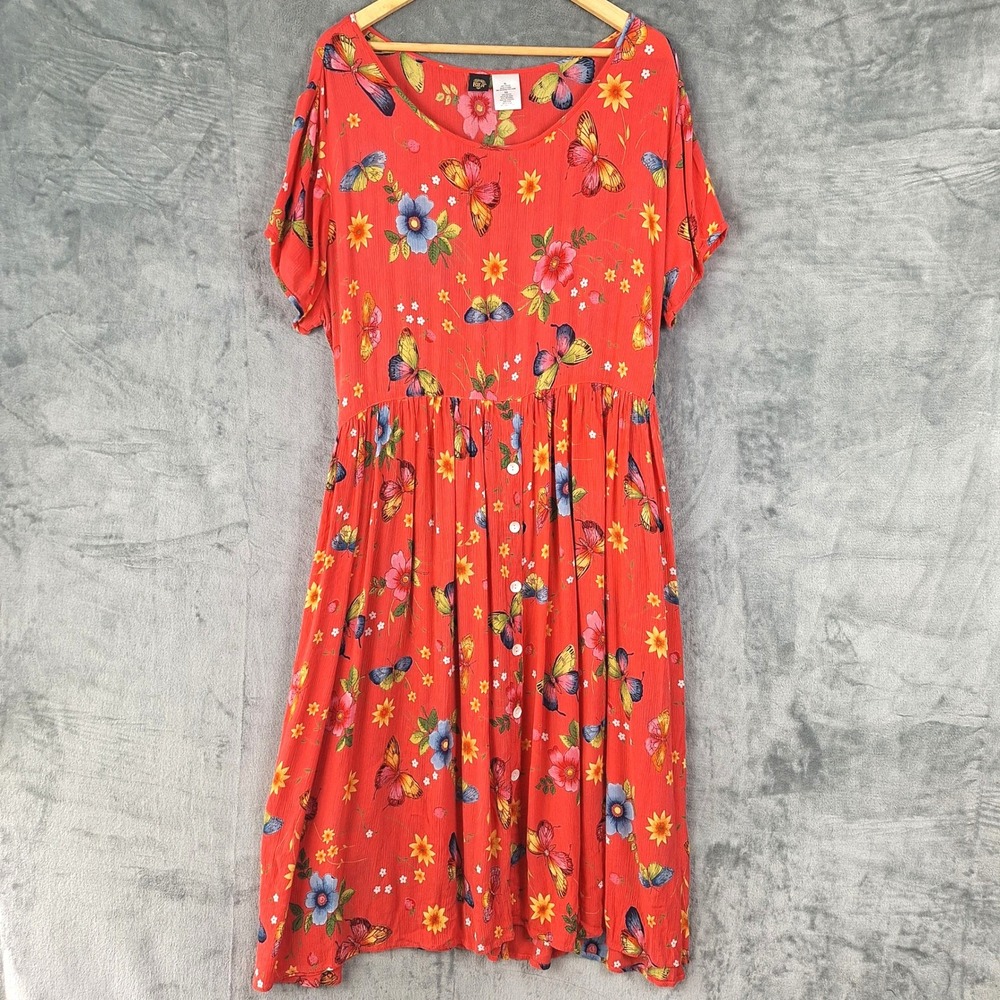 Womens Dress XL Red Butterfly Floral Boho Midi Cottagecore Gauze Button Front‎